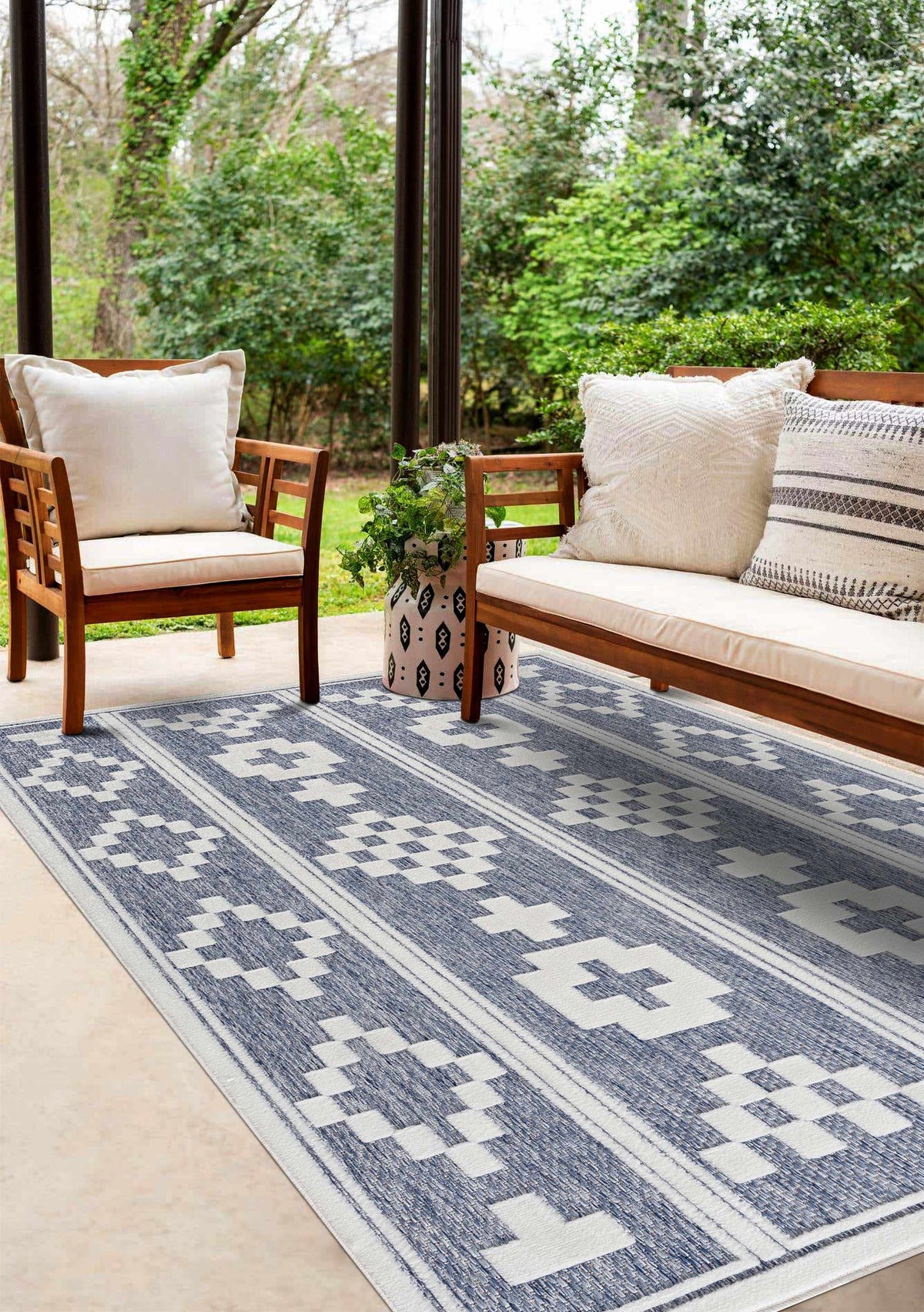 Hiro Blue Outdoor Rug - Clearance, installed in a room