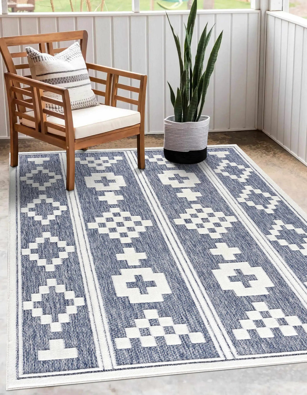 Hiro Blue Outdoor Rug - Clearance, installed in a room 3