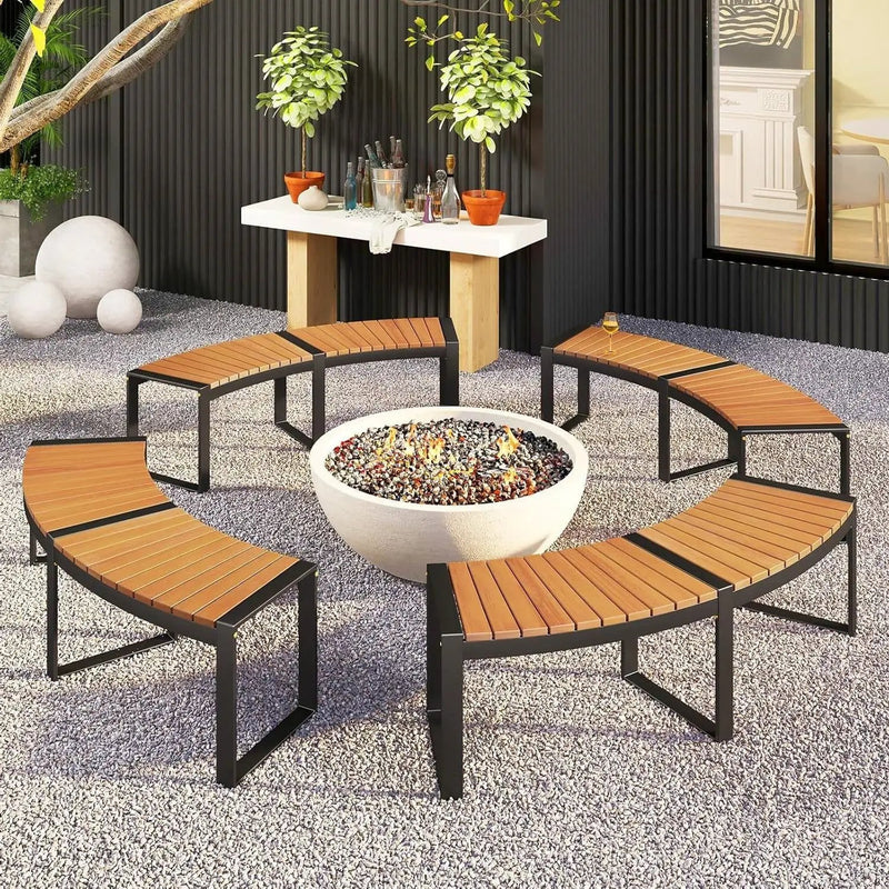 Set of 4 - Round Outdoor Metal Wood Backless Bench - Around Table Tree Fire Pit by HomePacific