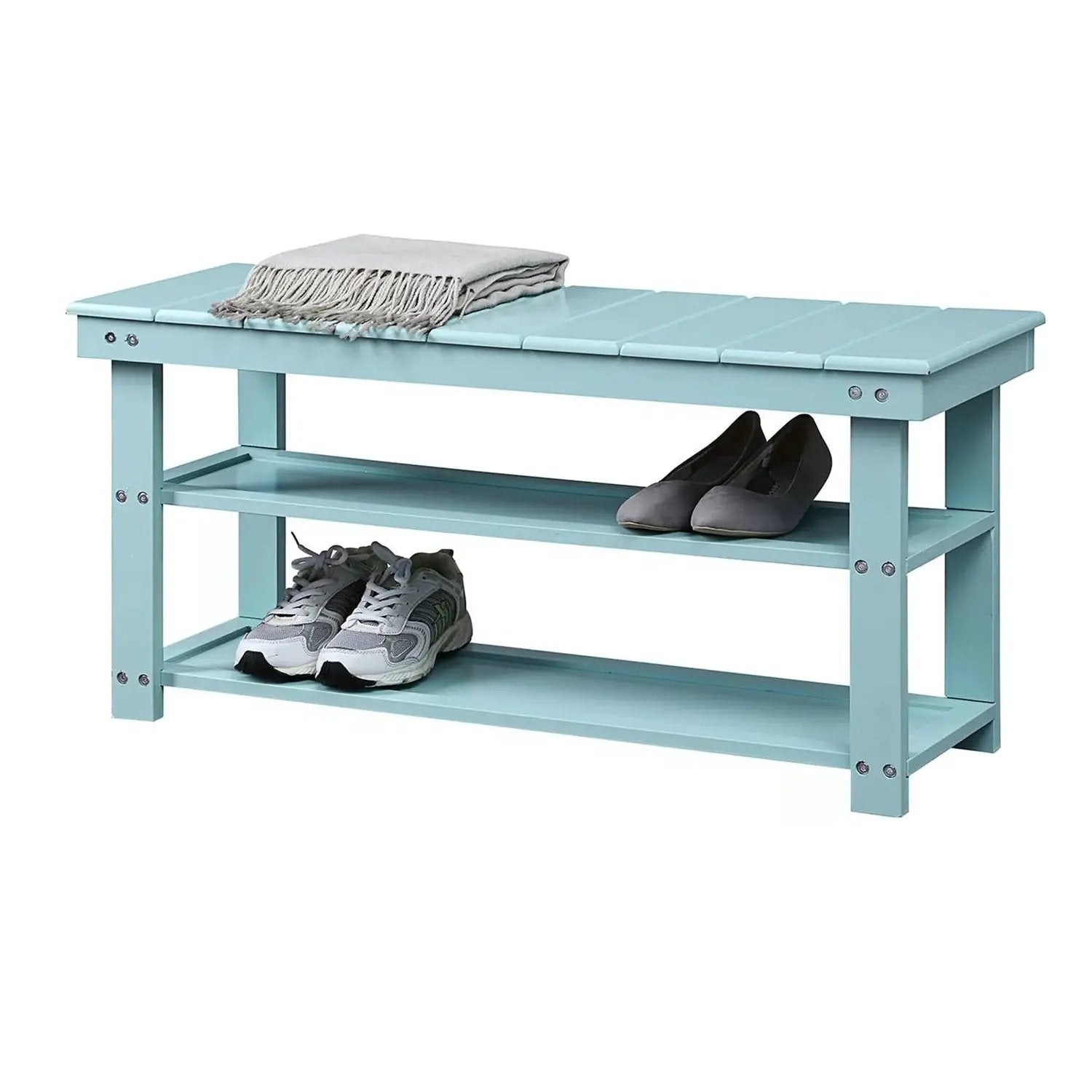 Sea Foam Aqua Blue Wood 2-Shelf Shoe Rack Storage Bench for Entryway or Closet by HomePacific