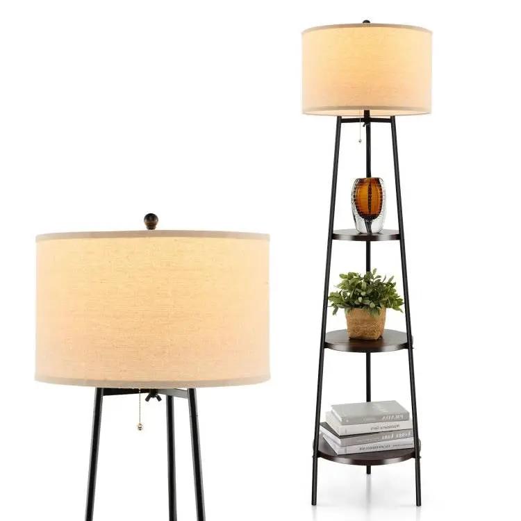 Modern Floor Lamp 3-Tier Bookcase Shelf with Round Drum Linen Lampshade by HomePacific
