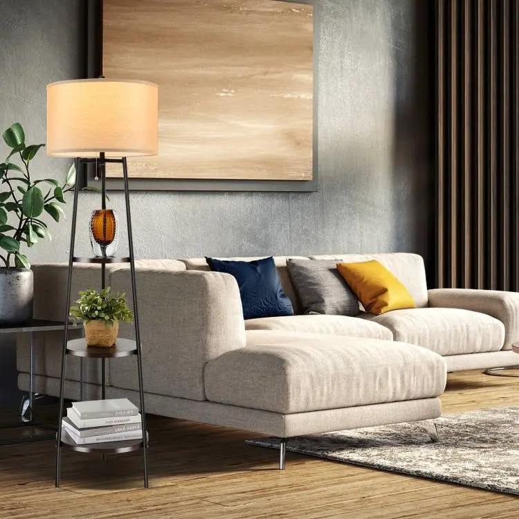 Modern Floor Lamp 3-Tier Bookcase Shelf with Round Drum Linen Lampshade by HomePacific