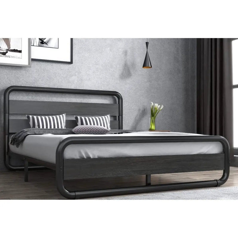 Full Heavy Duty Round Metal Frame Platform Bed with Black Wood Panel Headboard by HomePacific