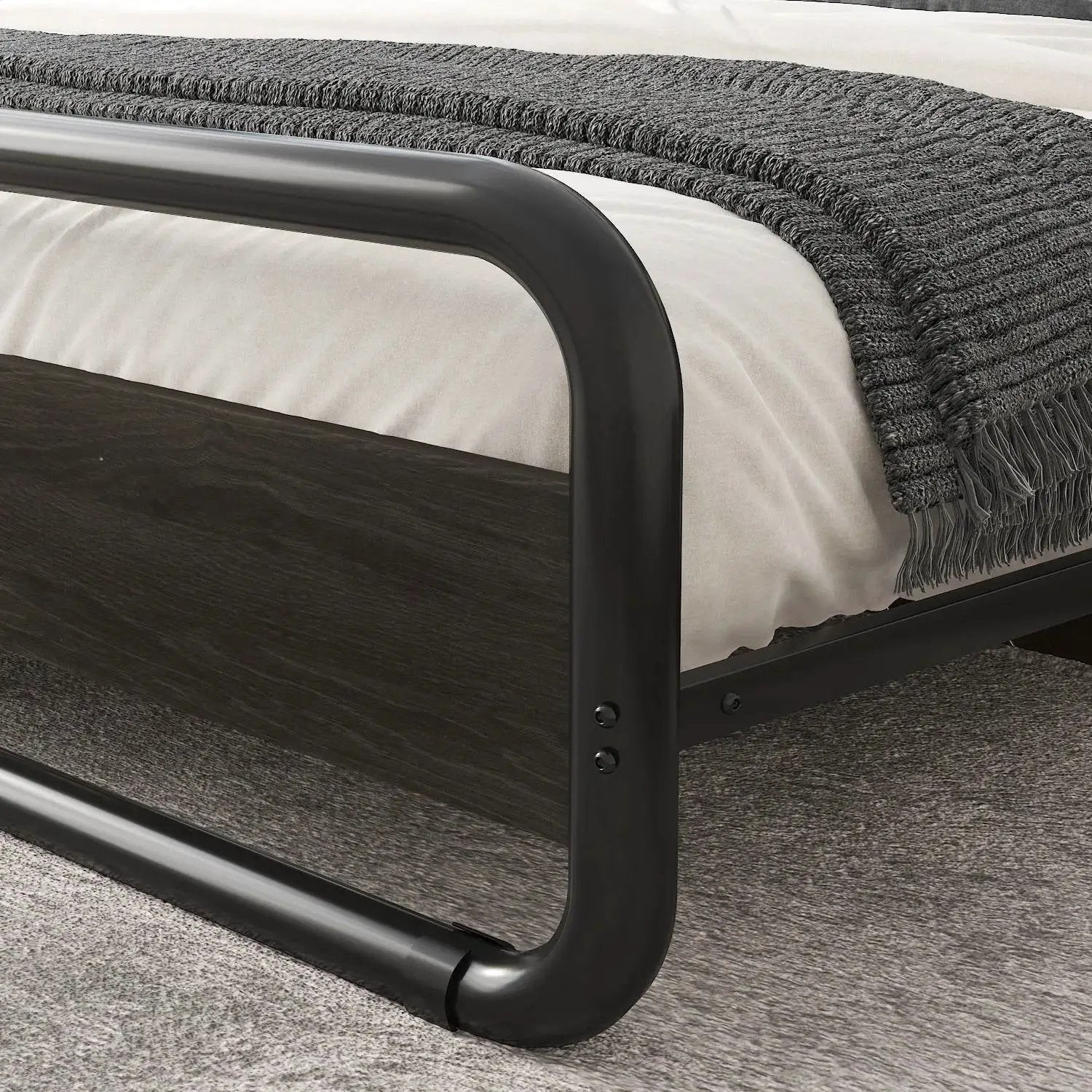 Full Heavy Duty Round Metal Frame Platform Bed with Black Wood Panel Headboard by HomePacific