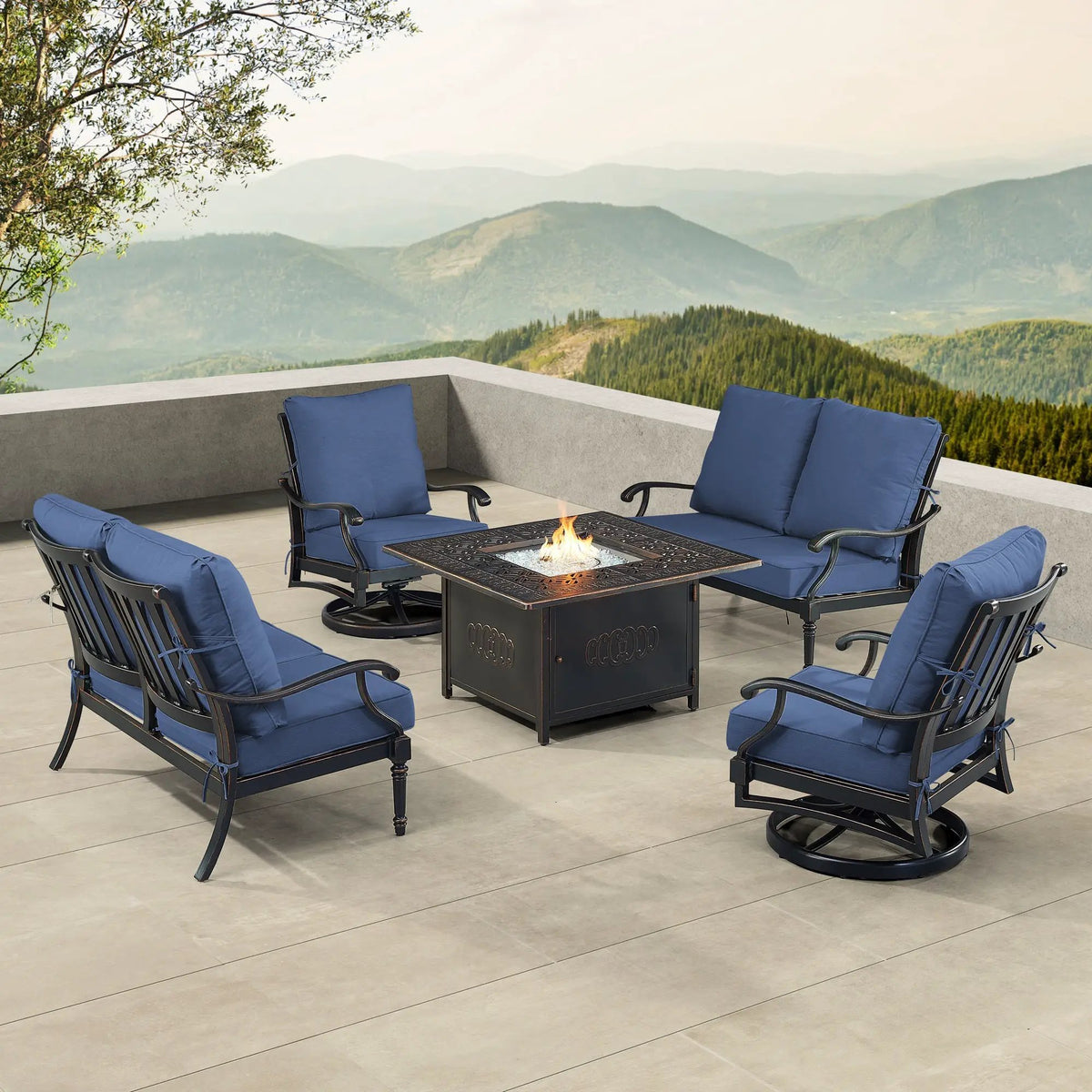 Black Aluminum Fire Table Set with Two Loveseats and Two Club Chairs by Sharicks