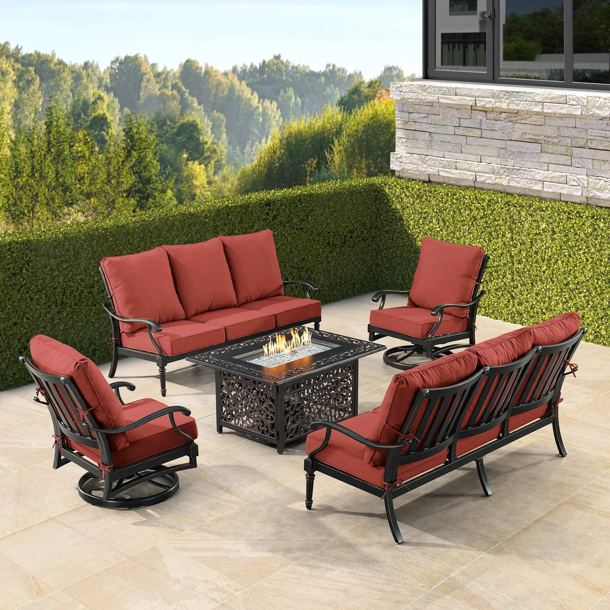 Black Aluminum Fire Table Set with Two Sofas and Two Club Chairs by Sharicks