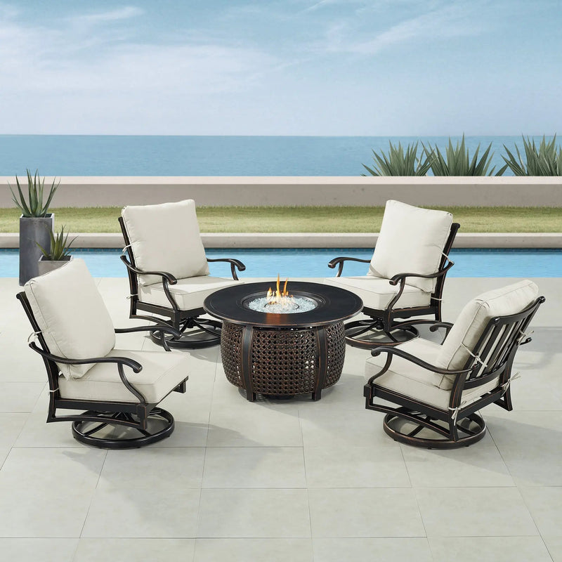 Black Aluminum Fire Table Set with Four Club Chairs by Sharicks