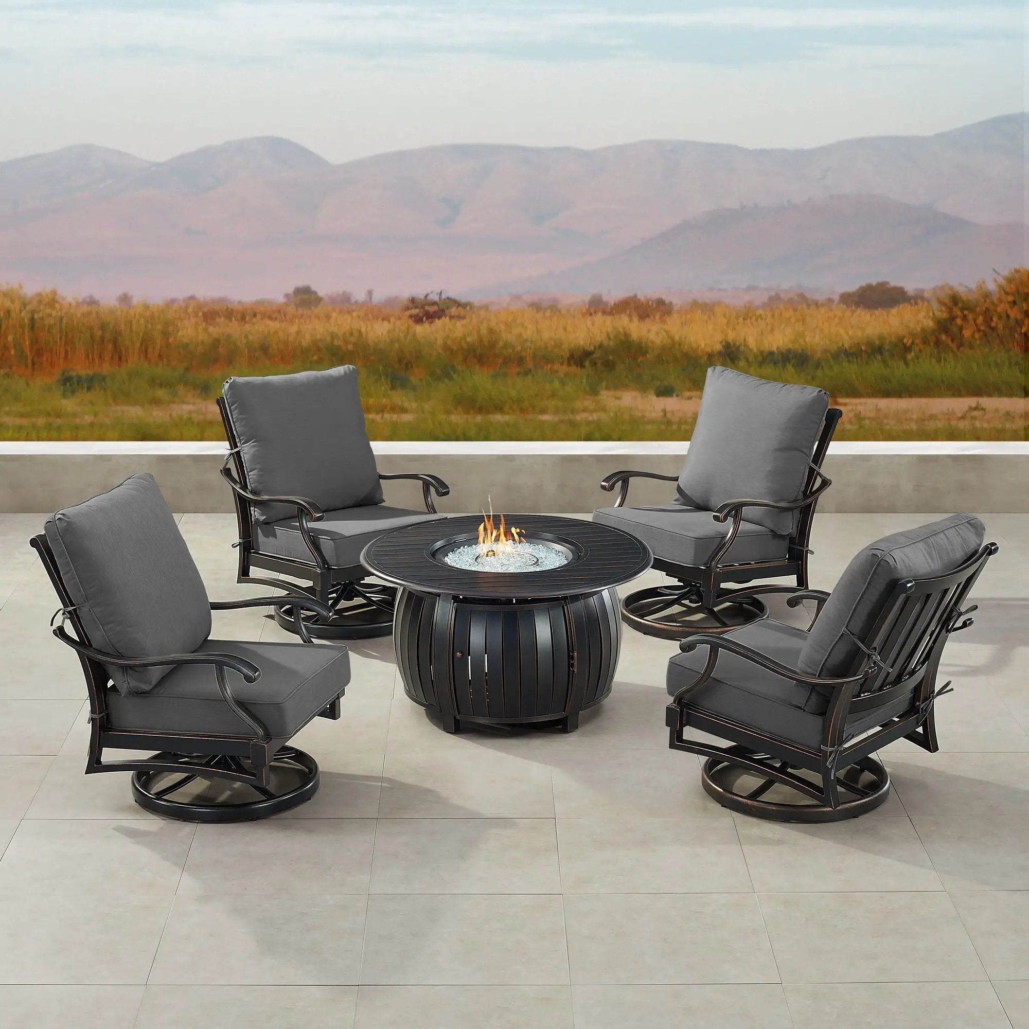 Black Aluminum Fire Table Set with Four Club Chairs by Sharicks