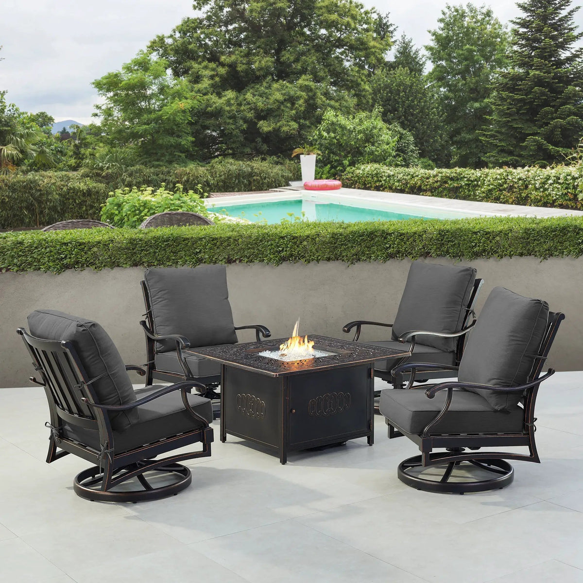 Black Aluminum Fire Table Set with Four Club Chairs by Sharicks