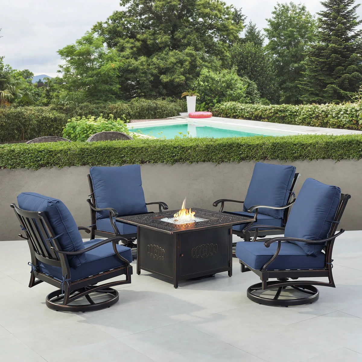 Black Aluminum Fire Table Set with Four Club Chairs by Sharicks