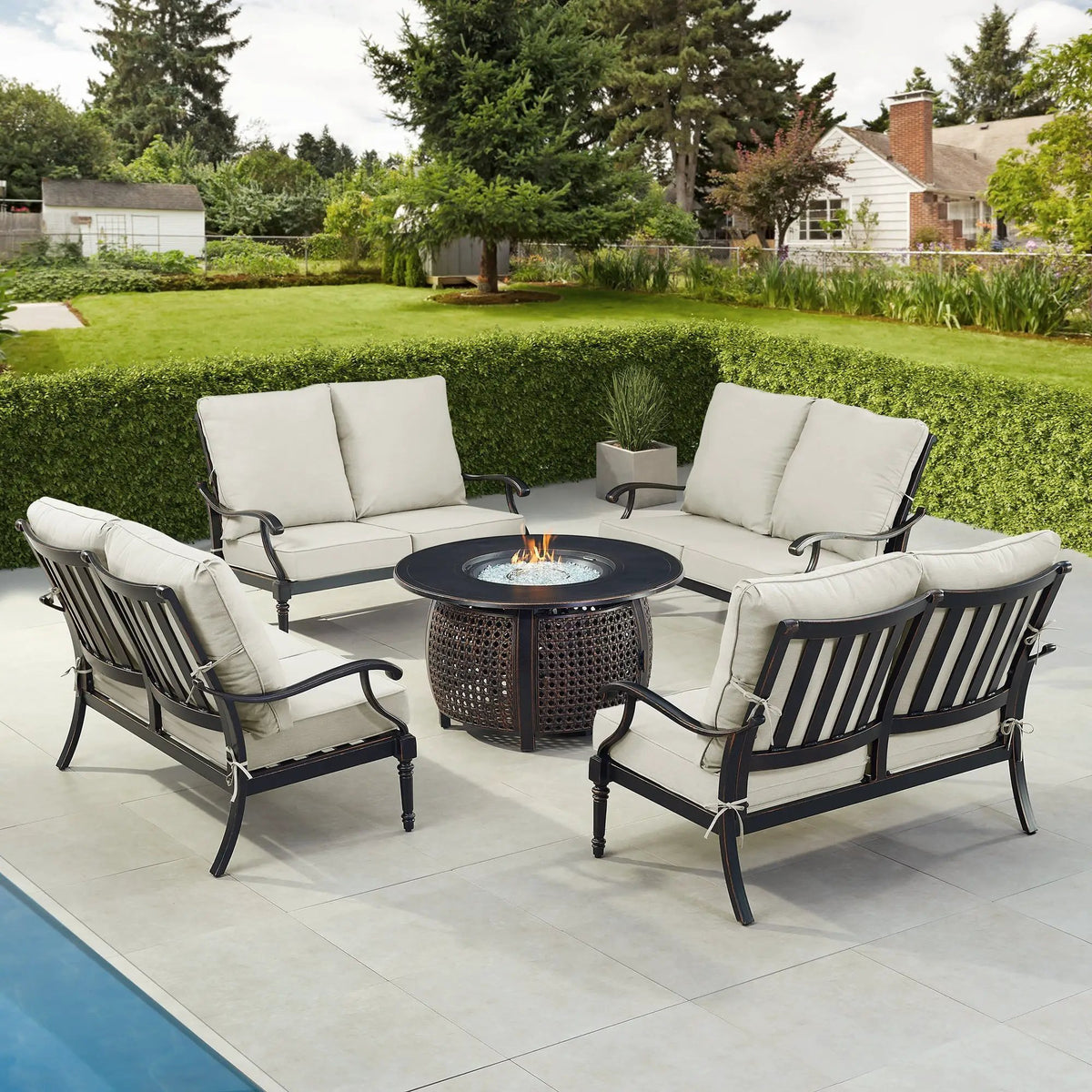 Black Aluminum Fire Table Set with Four Deep Seating Loveseats by Sharicks