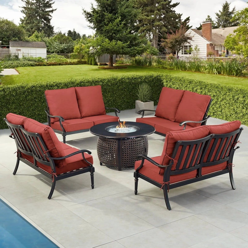 Black Aluminum Fire Table Set with Four Deep Seating Loveseats by Sharicks