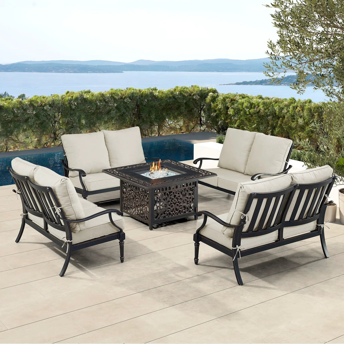 Black Aluminum Fire Table Set with Four Deep Seating Loveseats by Sharicks