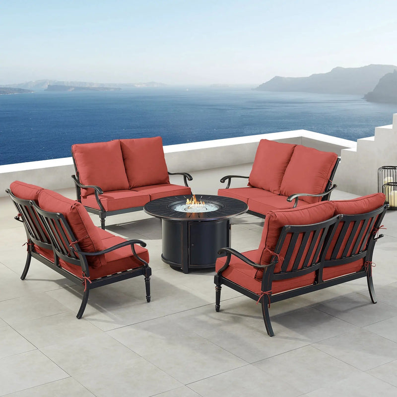 Black Aluminum Fire Table Set with Four Deep Seating Loveseats by Sharicks