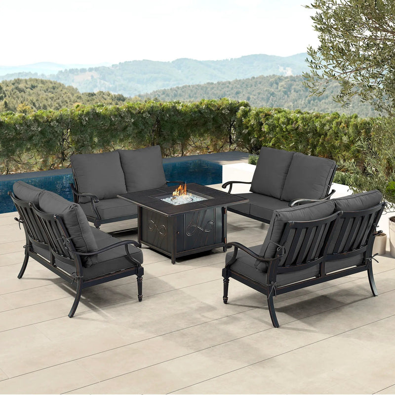 Black Aluminum Fire Table Set with Four Deep Seating Loveseats by Sharicks