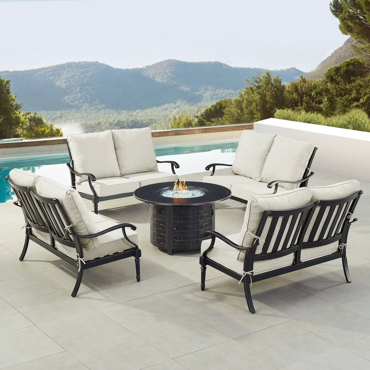 Black Aluminum Fire Table Set with Four Deep Seating Loveseats by Sharicks