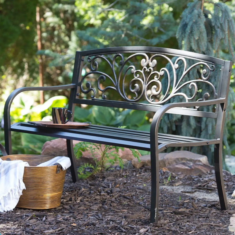 Curved Metal Garden Bench with Heart Pattern in Black Antique Bronze Finish by HomePacific