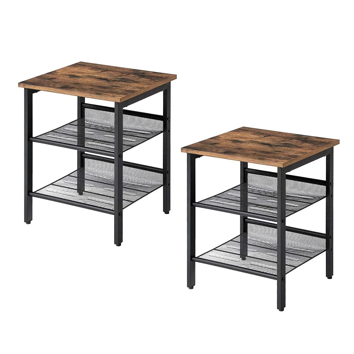 Set of 2 Side Table Nightstand with Medium Wood Finish Top and Mesh Shelves by HomePacific