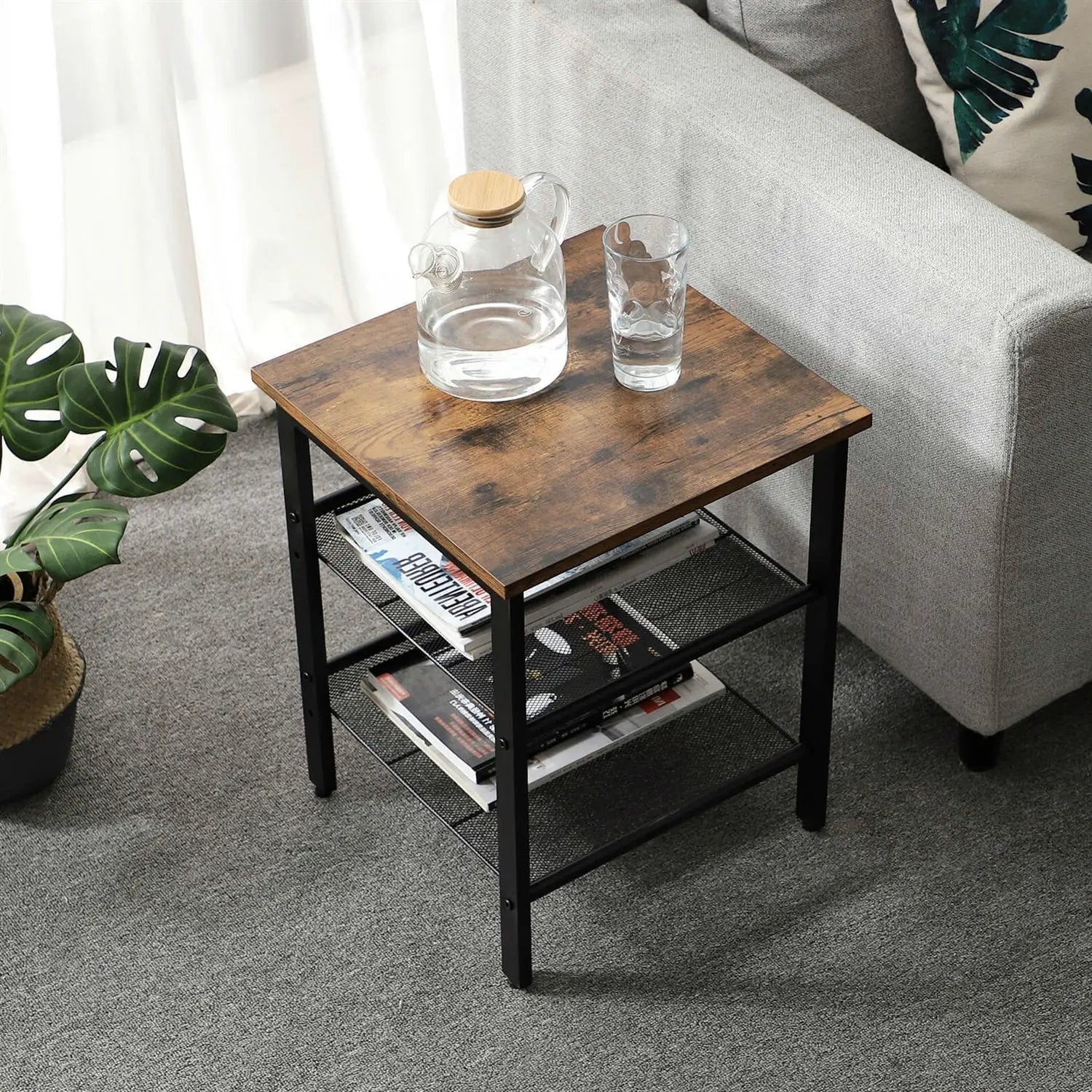 Set of 2 Side Table Nightstand with Medium Wood Finish Top and Mesh Shelves by HomePacific