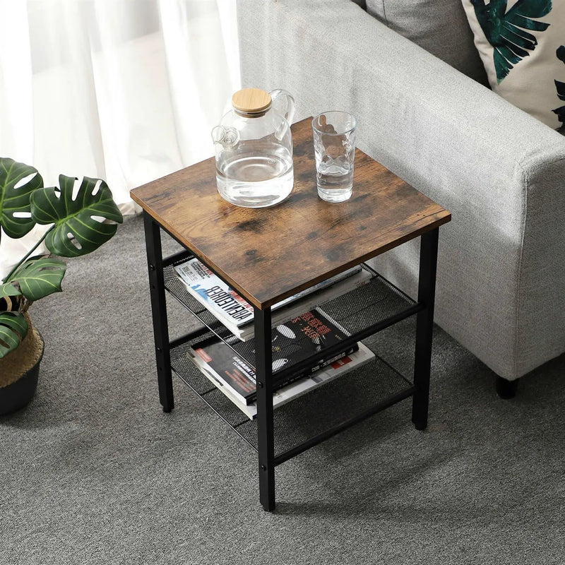 Set of 2 Side Table Nightstand with Medium Wood Finish Top and Mesh Shelves by HomePacific