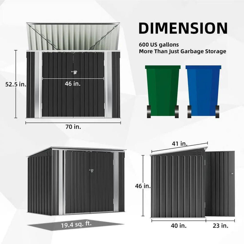 Outdoor Black Galvanized Steel Trash Can Storage Shed - Holds 2 Garbage Bins by HomePacific
