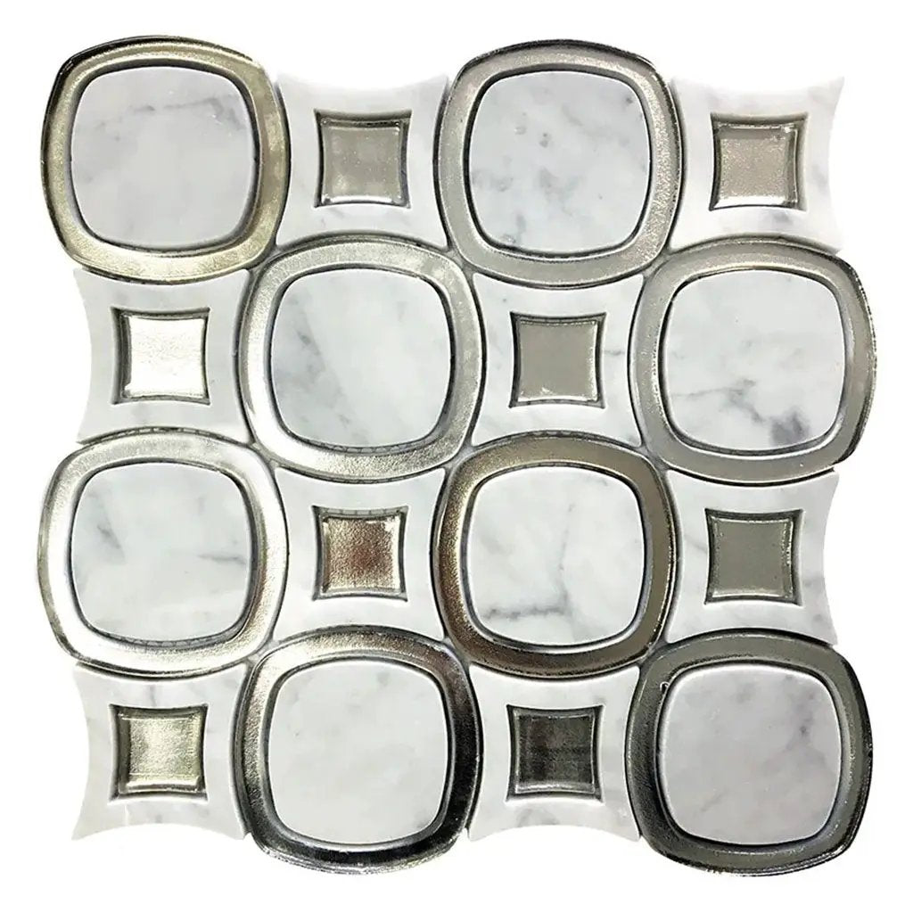 Cloud White Silver 11x11 Polished Glossy Octagon Bianco Carrara Glass Marble Mosaic Tile (5 pack, 4.51 sq ft/case) by Apollo Tile