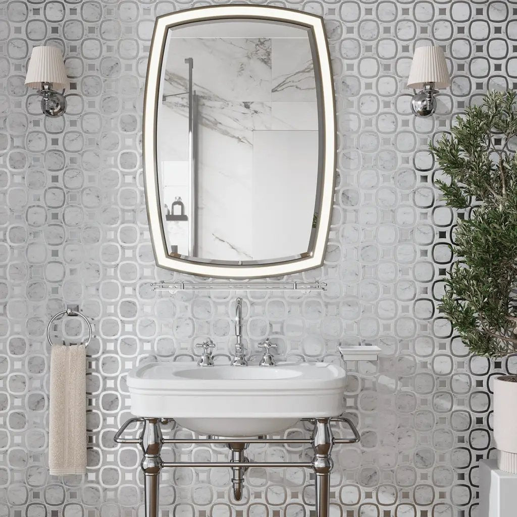 Cloud White Silver 11x11 Polished Glossy Octagon Bianco Carrara Glass Marble Mosaic Tile (5 pack, 4.51 sq ft/case) by Apollo Tile