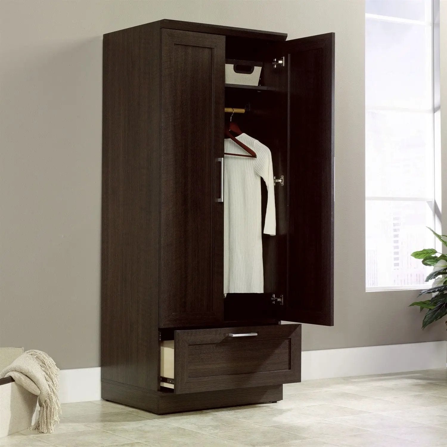 Bedroom Wardrobe Armoire Cabinet in Dark Brown Oak Wood Finish by HomePacific