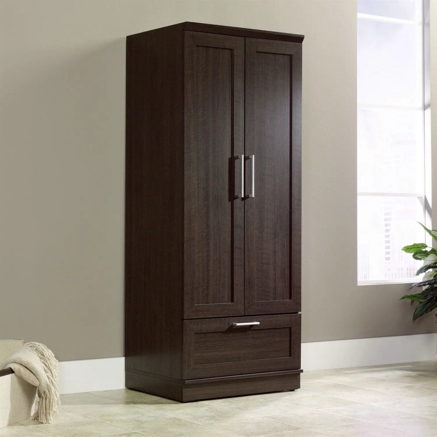 Bedroom Wardrobe Armoire Cabinet in Dark Brown Oak Wood Finish by HomePacific
