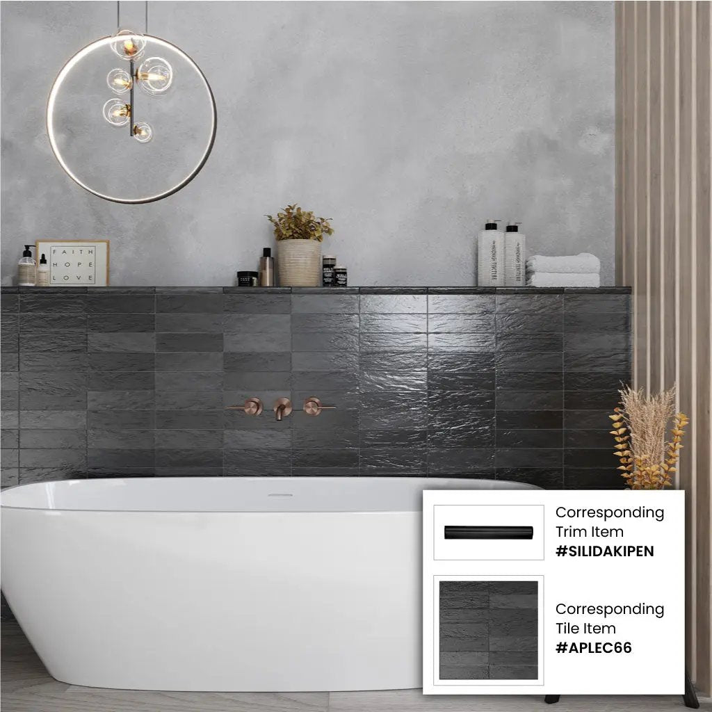 Black 1.25x8 Matte Glossy Ceramic Bullnose Tile Trim (10 pack, 0.667 sq ft/case) by Apollo Tile