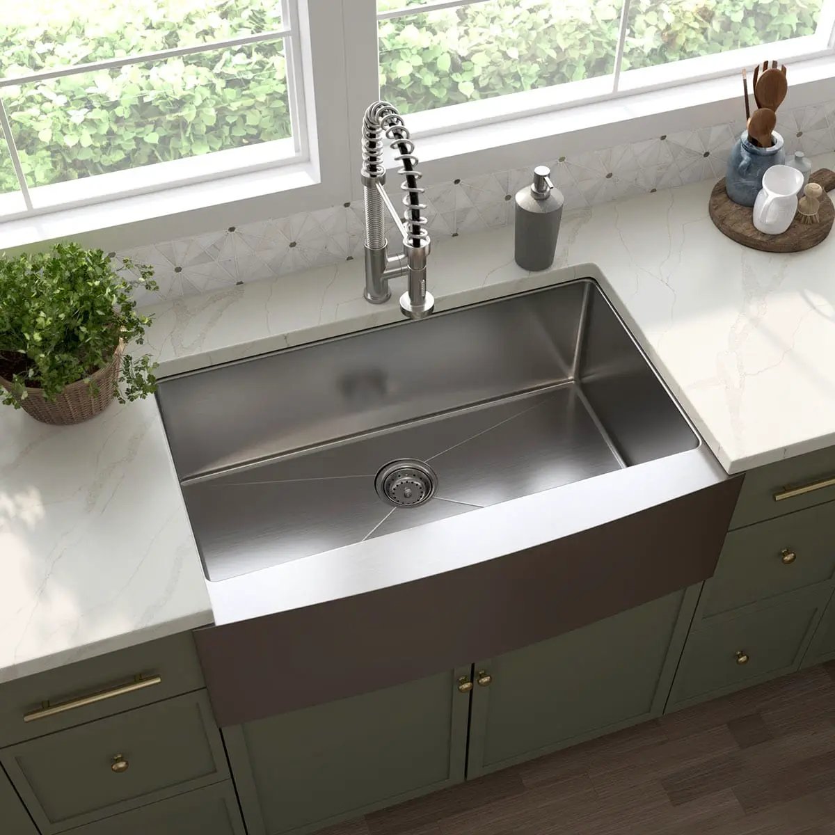 Handcrafted Farmhouse With Apron 16g 3321 Stainless Steel Tiles in a finished room