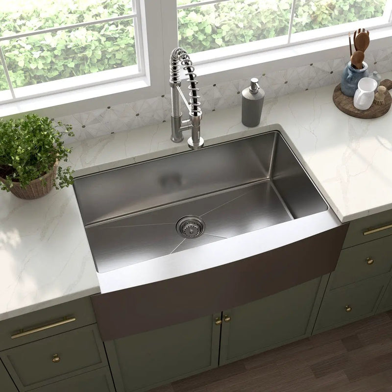 Handcrafted Farmhouse With Apron 16g 3321 Stainless Steel Tiles in a finished room