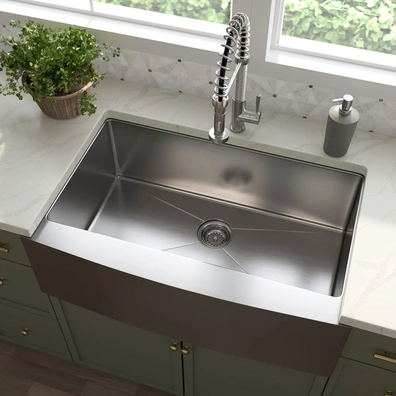 Handcrafted Farmhouse With Apron 16g 3321 Stainless Steel Tiles in a finished room