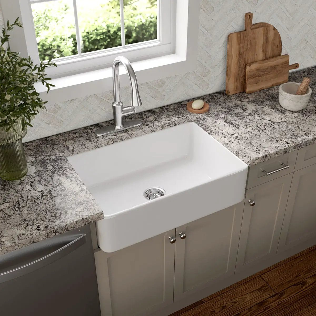 Fireclay Farmhouse White Single Bowl Kitchen Sink in a finished room