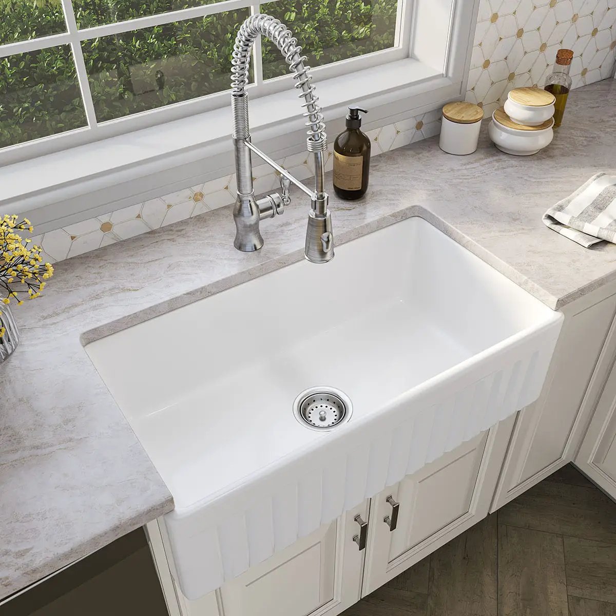 Fireclay Farmhouse White Single Bowl 3318 Kitchen Sink in a finished room