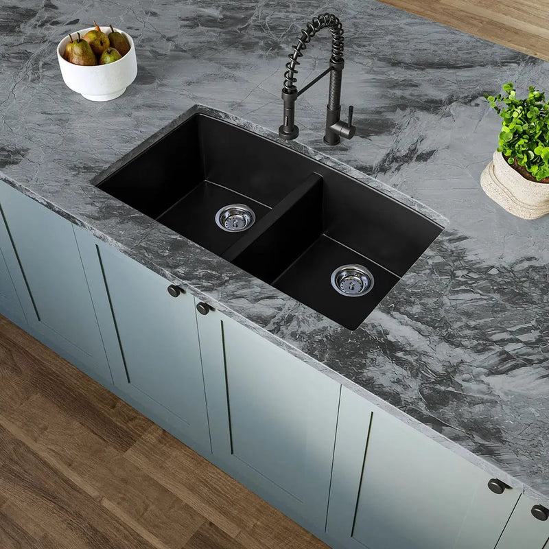 Black Quartz Double Bowl 50/50 Kitchen Sink Composite by MSI Surfaces