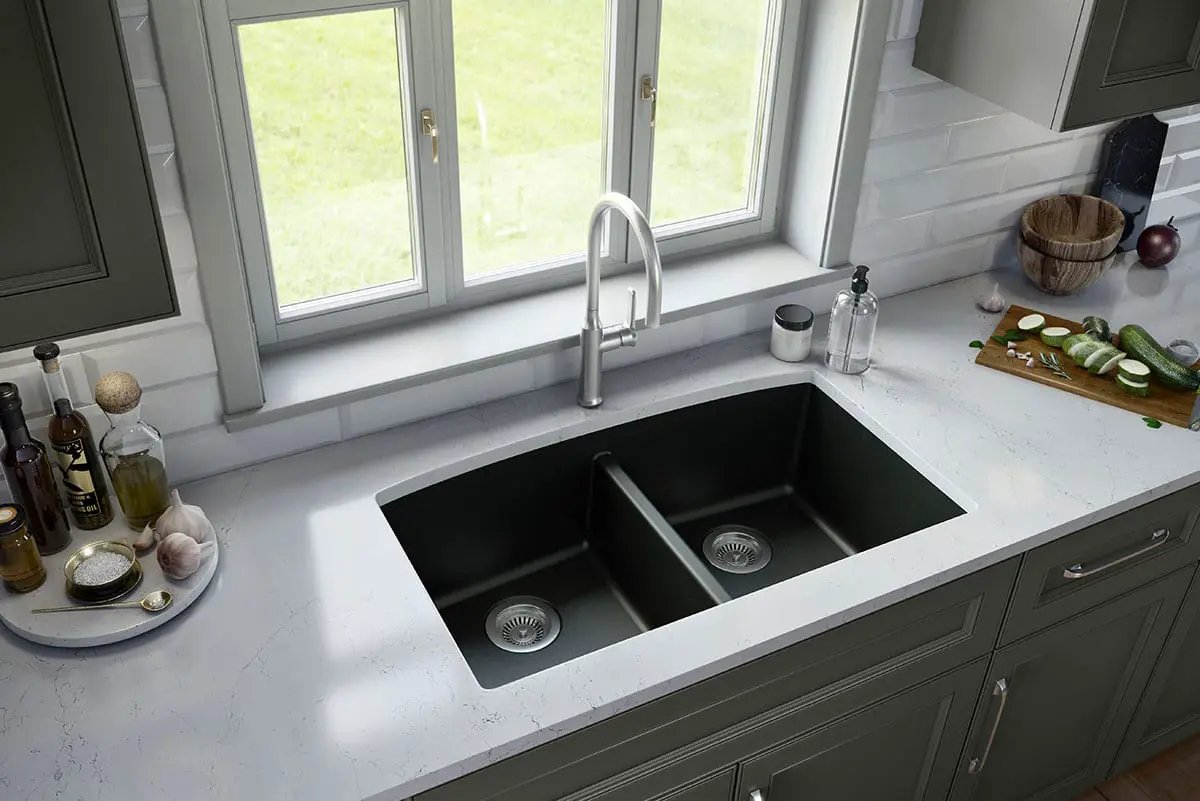 Black Quartz Double Bowl 50/50 Kitchen Sink Composite by MSI Surfaces