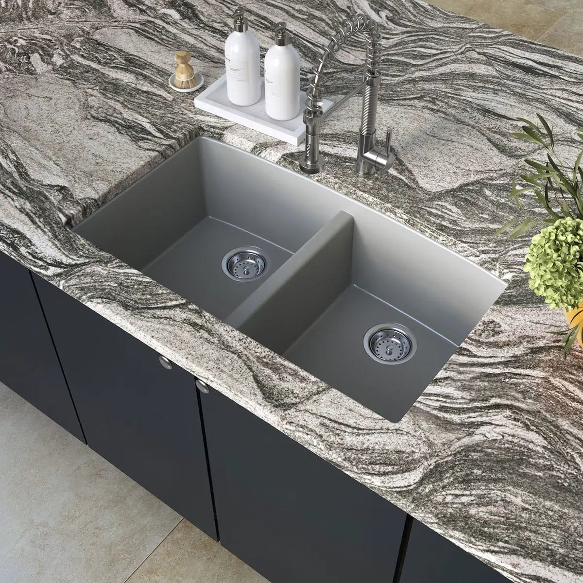 Grey Quartz Double Bowl 50/50 Kitchen Sink Composite by MSI Surfaces