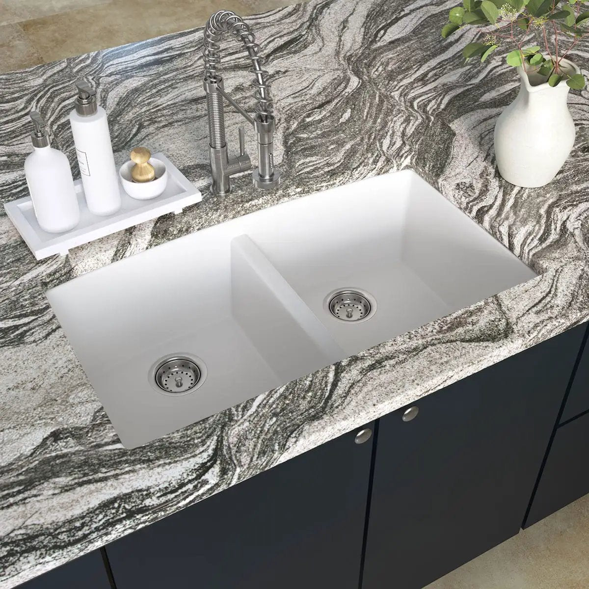 White quartz double bowl Kitchen Sink Composite in a finished room