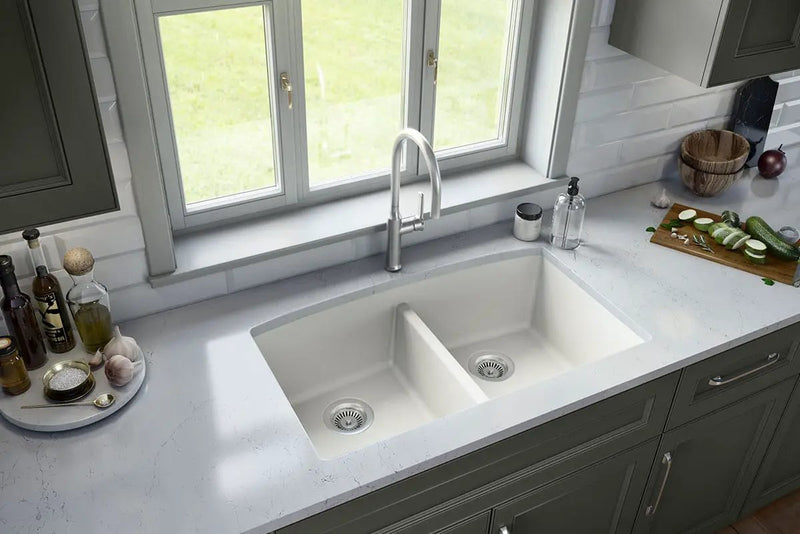 White quartz double bowl Kitchen Sink Composite in a finished room