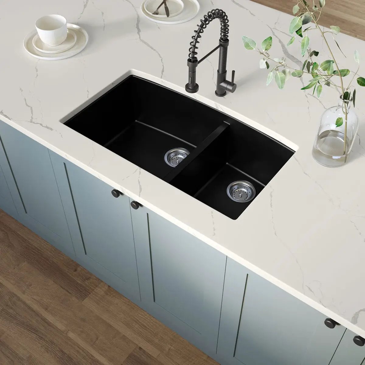 Black Quartz Double Bowl 60/40 Kitchen Sink Composite by MSI Surfaces
