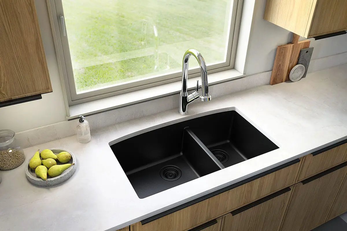 Black Quartz Double Bowl 60/40 Kitchen Sink Composite by MSI Surfaces