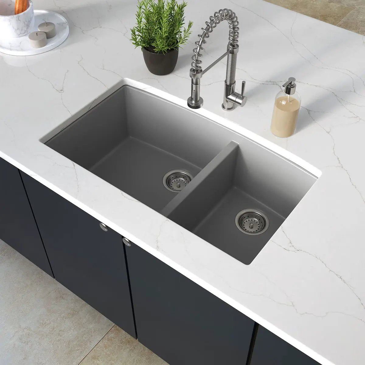 Grey Quartz Double Bowl 60/40 Kitchen Sink Composite by MSI Surfaces