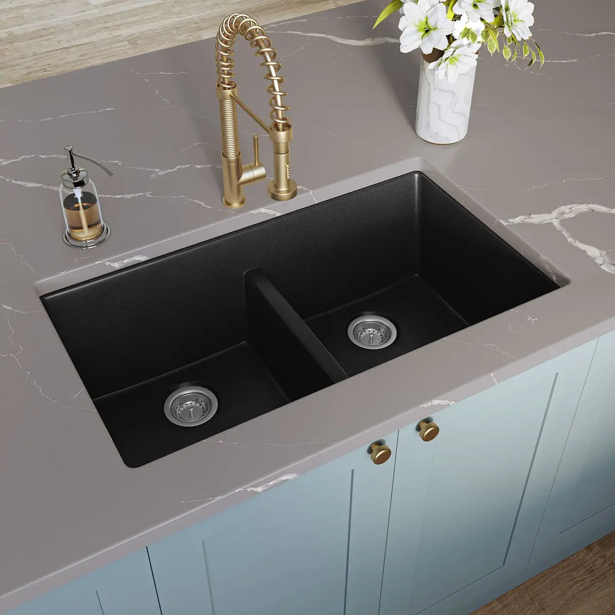 Black Quartz Double Bowl 50/50-3319 Sink Composite in a finished room