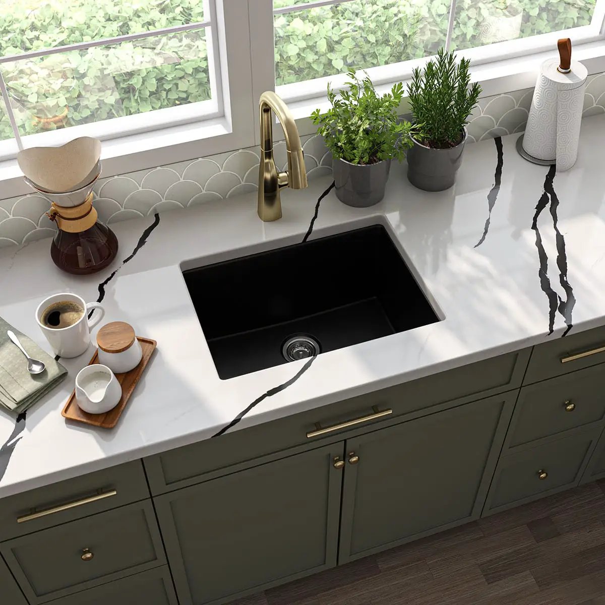 Black Quartz Single Bowl 2418 Sink Composite in a finished room