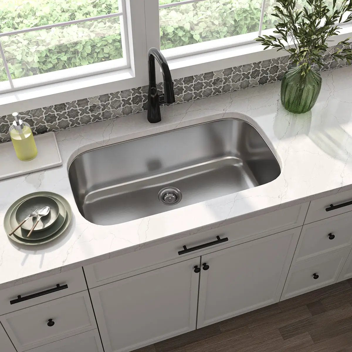 Single Cutout Bowl 3218 Satin Stainless Steel Sinks in a finished room