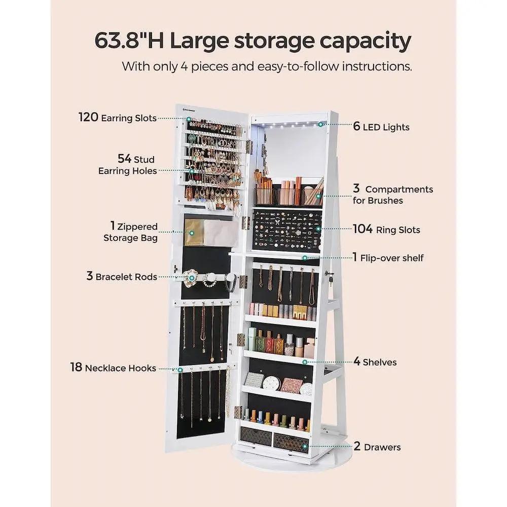 White Jewelry Cabinet Armoire Organizer Freestanding Rotating Mirror by HomePacific