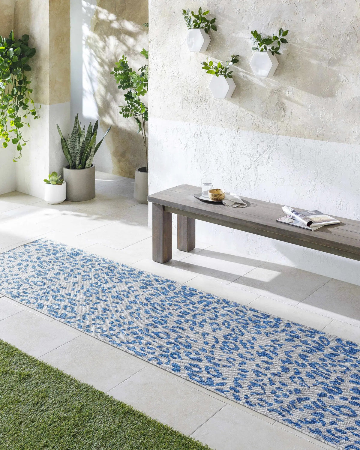 Skipsea Blue Leopard Performance Outdoor Rug, installed in a room 4
