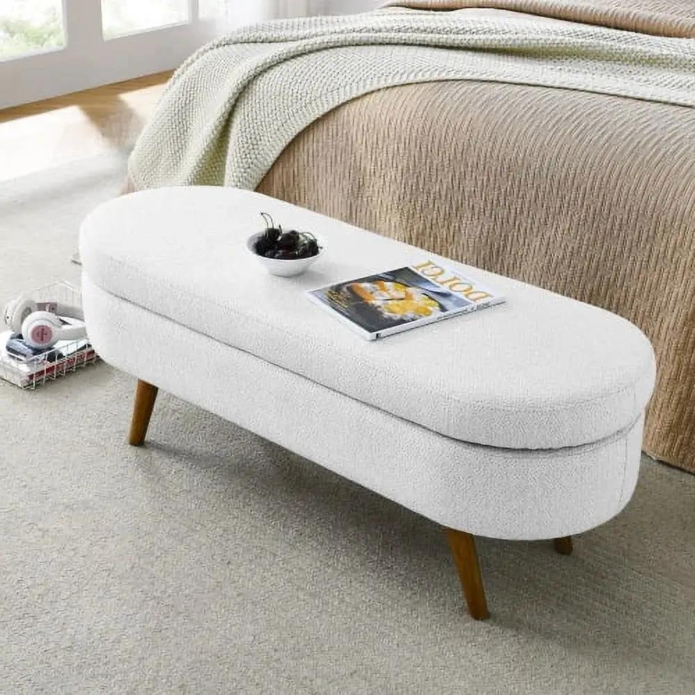 Mid-Century Modern Boho Style White Linen End of Bed Storage Bench by HomePacific