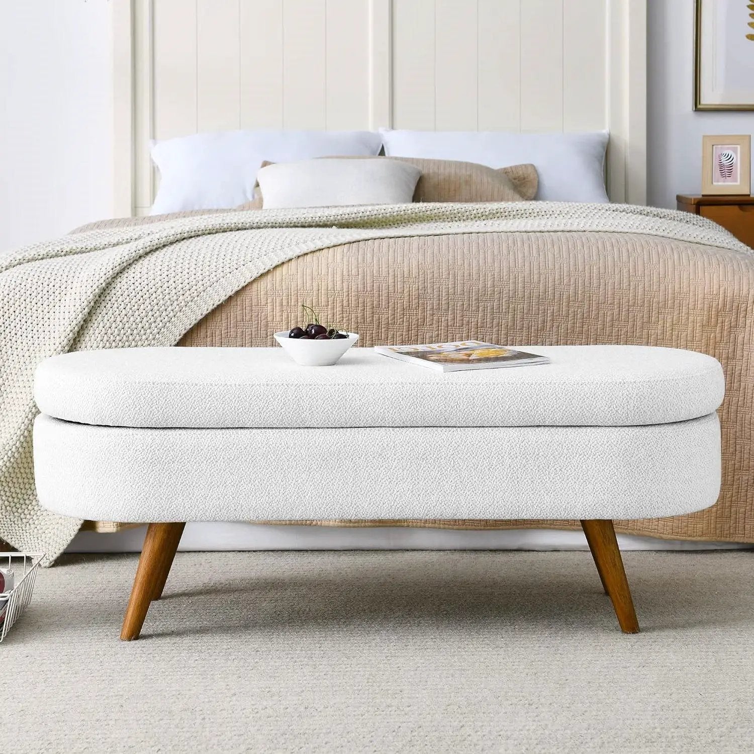 Mid-Century Modern Boho Style White Linen End of Bed Storage Bench by HomePacific